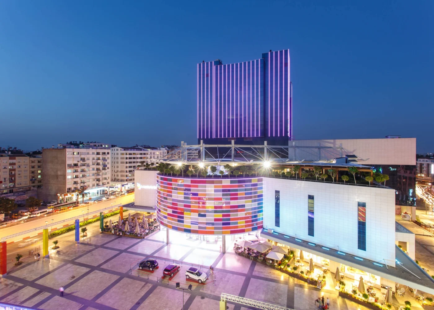 MarkAntalya Shopping Mall at night with illuminated towers in Antalya city center